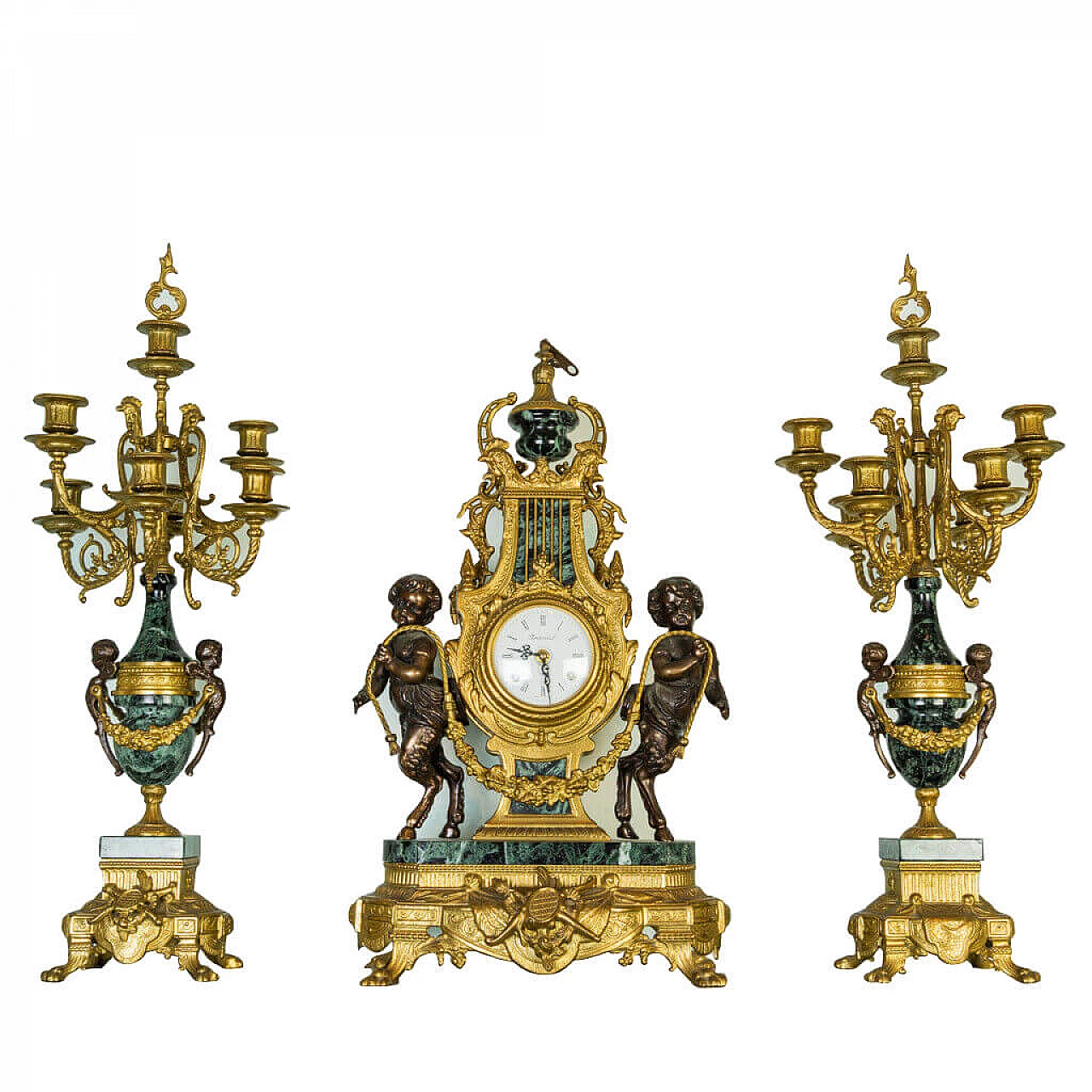 Coppia di candelabri e orologio in marmo Verde Alpi e bronzo, anni '50 1203110