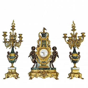 Pair of candelabra and clock in Verde Alpi marble and bronze, 50s