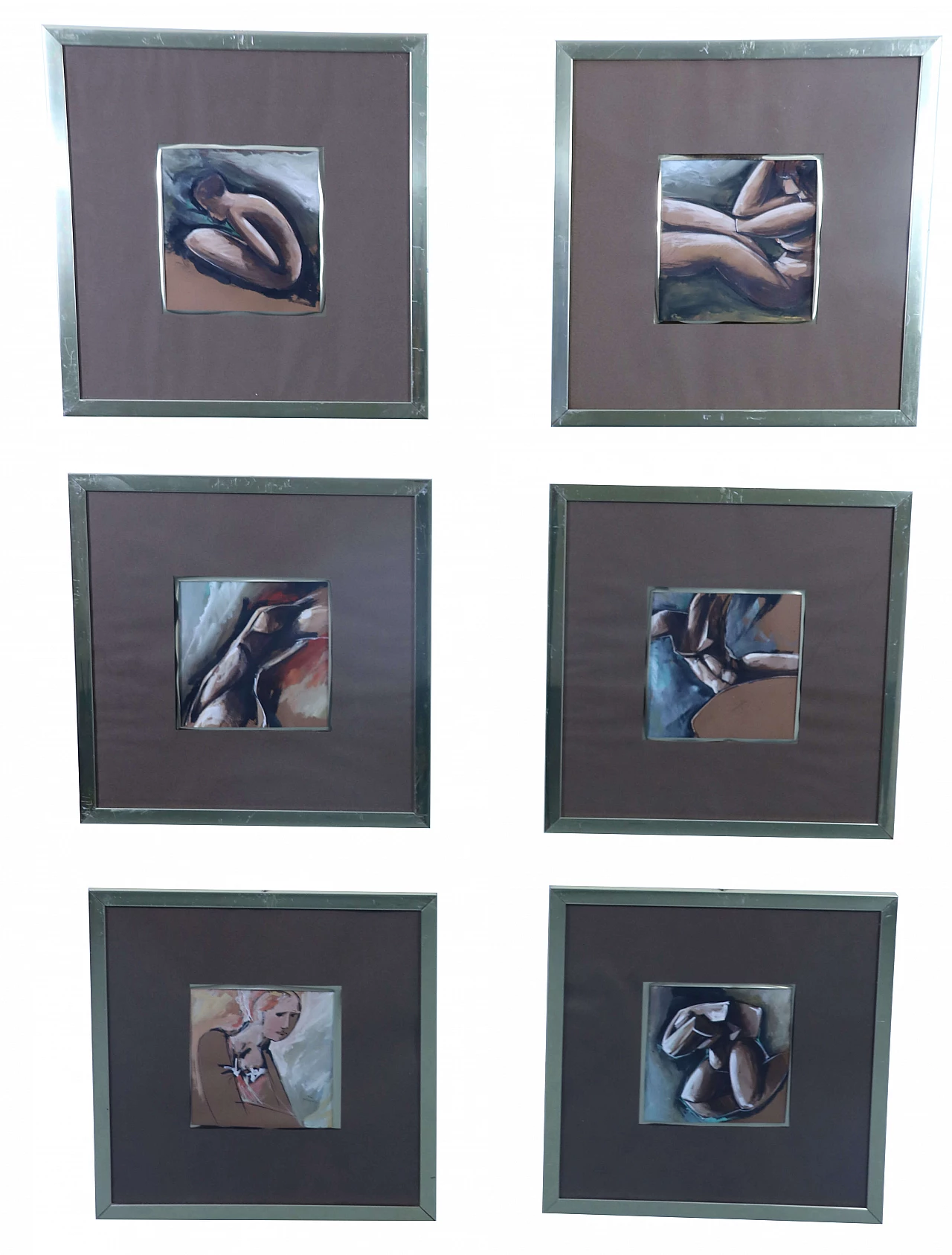 6 Watercolor paintings with brass frame, 1980s 1203114