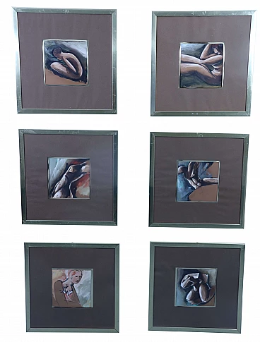 6 Watercolor paintings with brass frame, 1980s