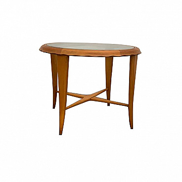 Tavolino d'appoggio rotondo in acero con piano in vetro, anni '50