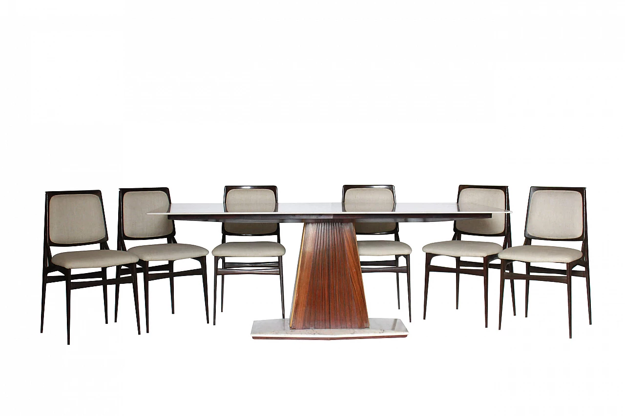 Set da pranzo di Vittorio Dassi con 6 sedie e 1 tavolo in legno e marmo, anni '60 1204192