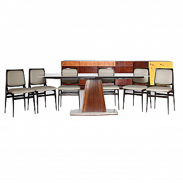 Set da soggiorno di Vittorio Dassi con 6 sedie, 1 tavolo e una grande credenza, anni '60