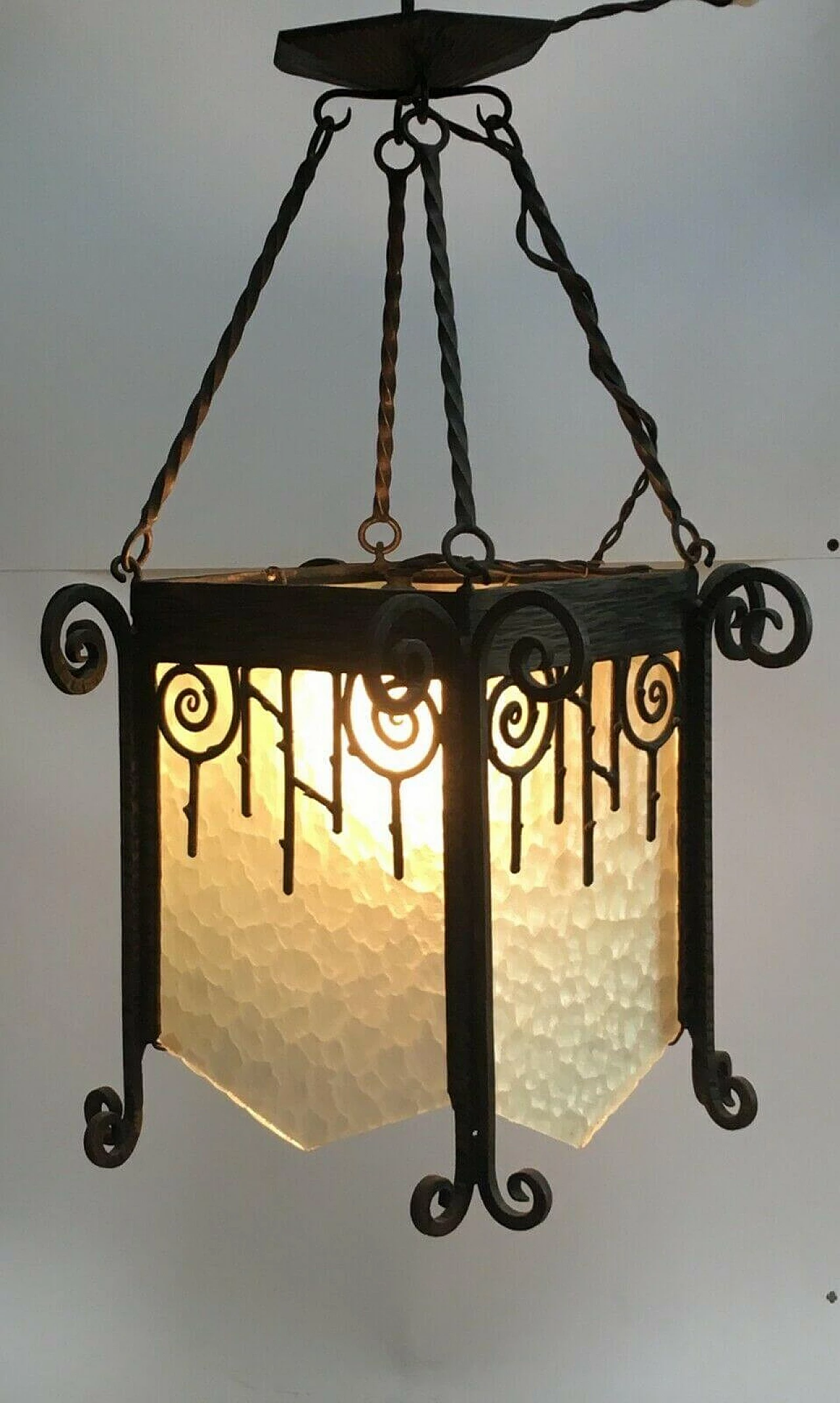 Lampadario in vetro e ferro battuto, anni '40 1204268