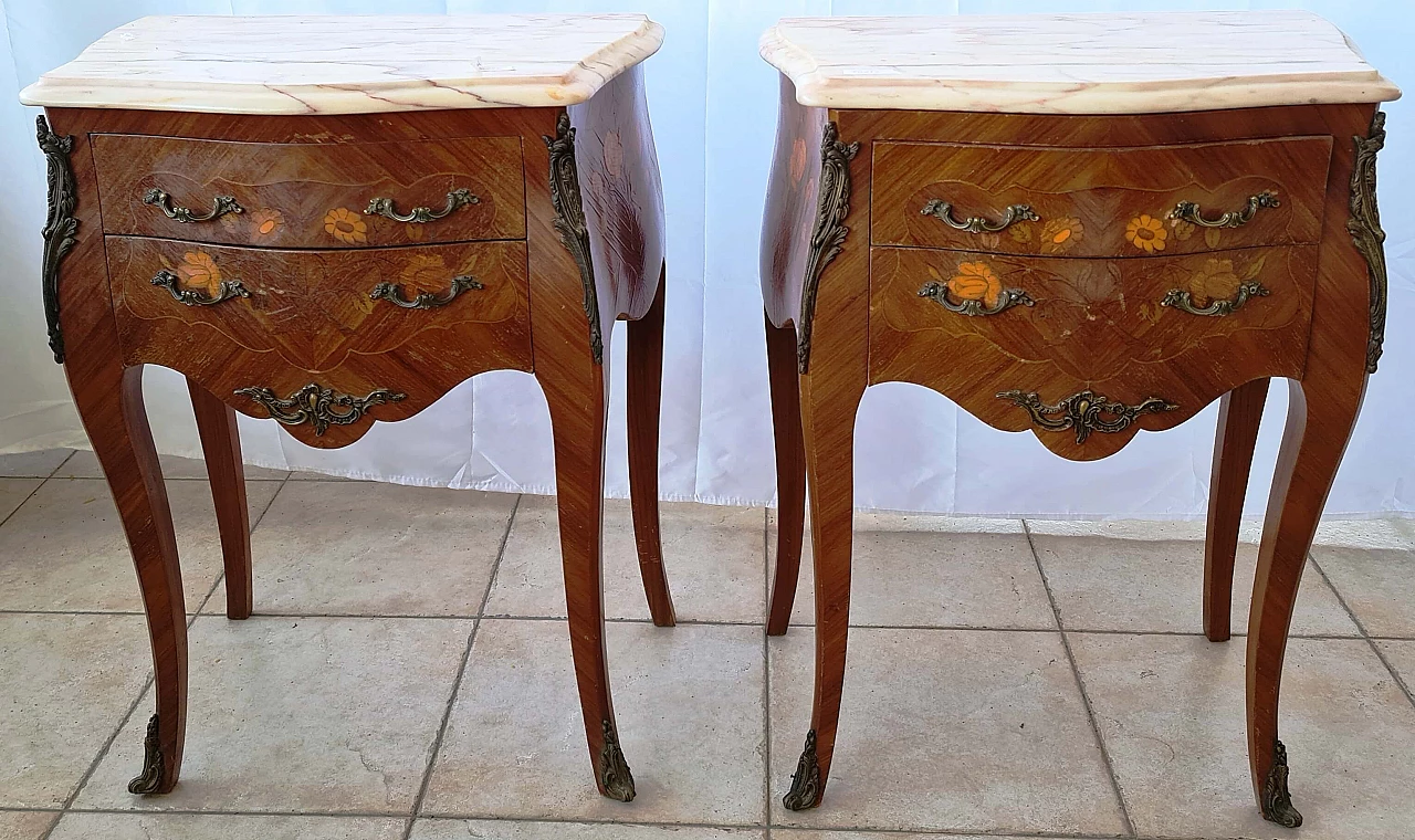 Pair of bedside tables inlaid with marble, 20th century 1204494