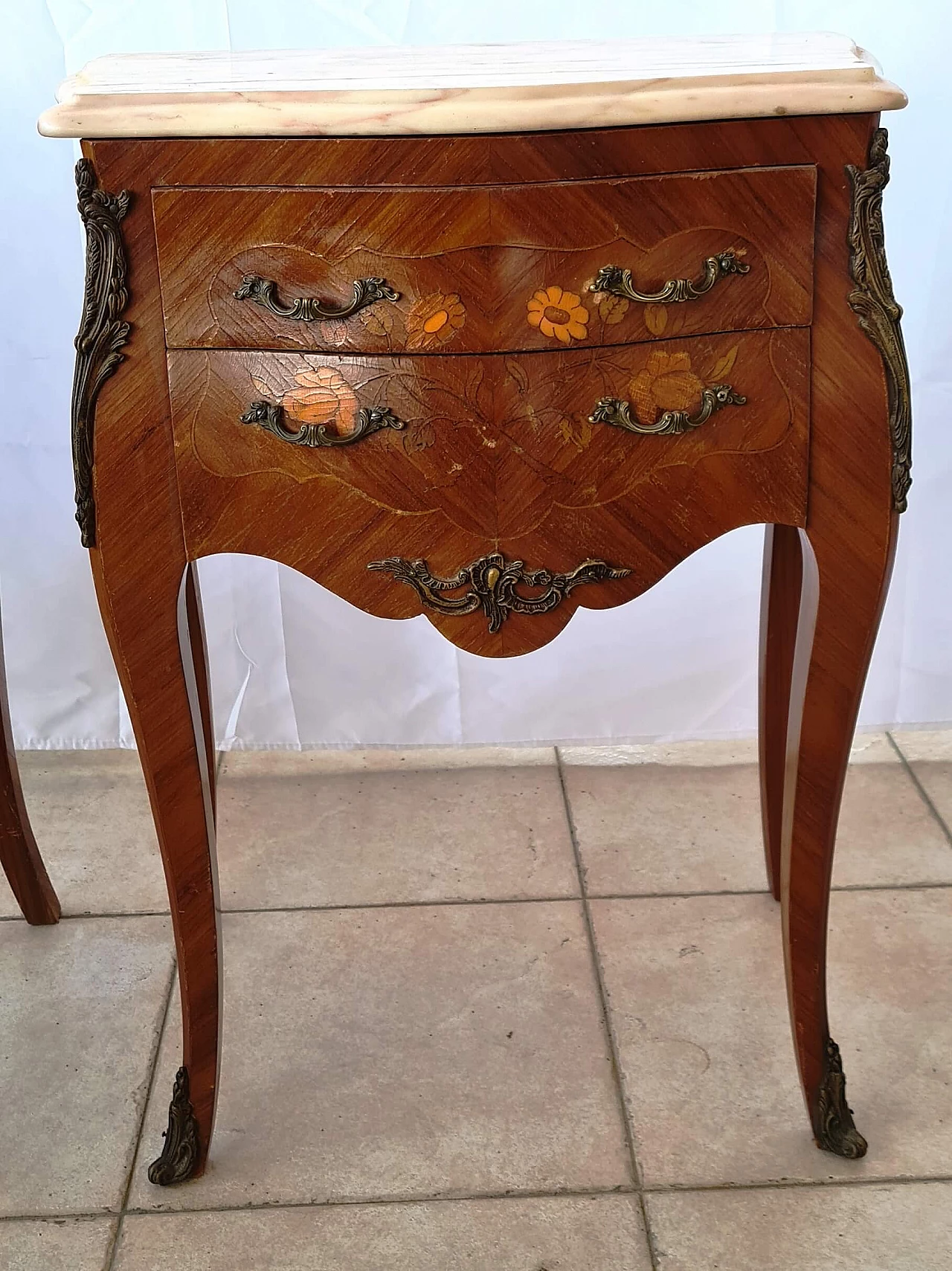 Pair of bedside tables inlaid with marble, 20th century 1204495