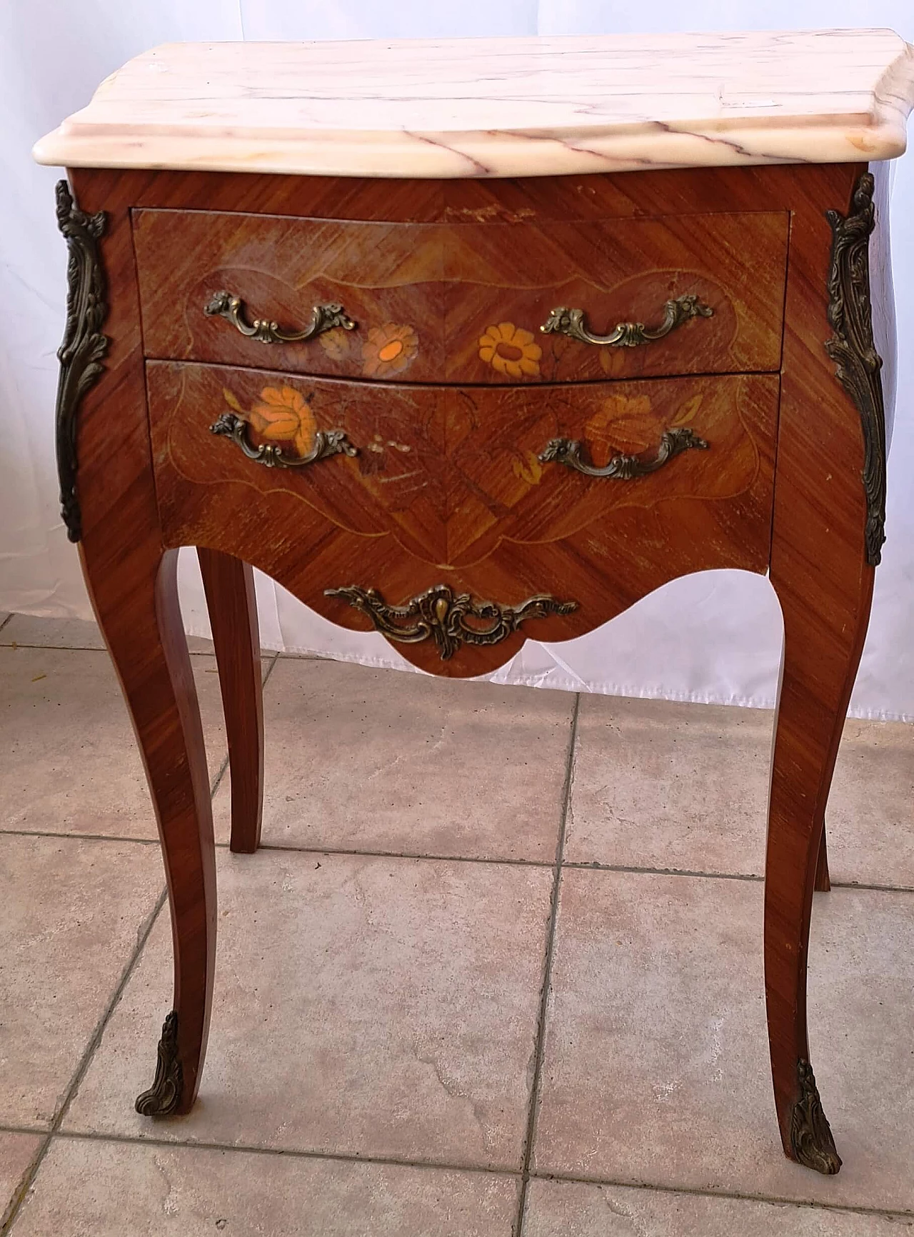 Pair of bedside tables inlaid with marble, 20th century 1204496