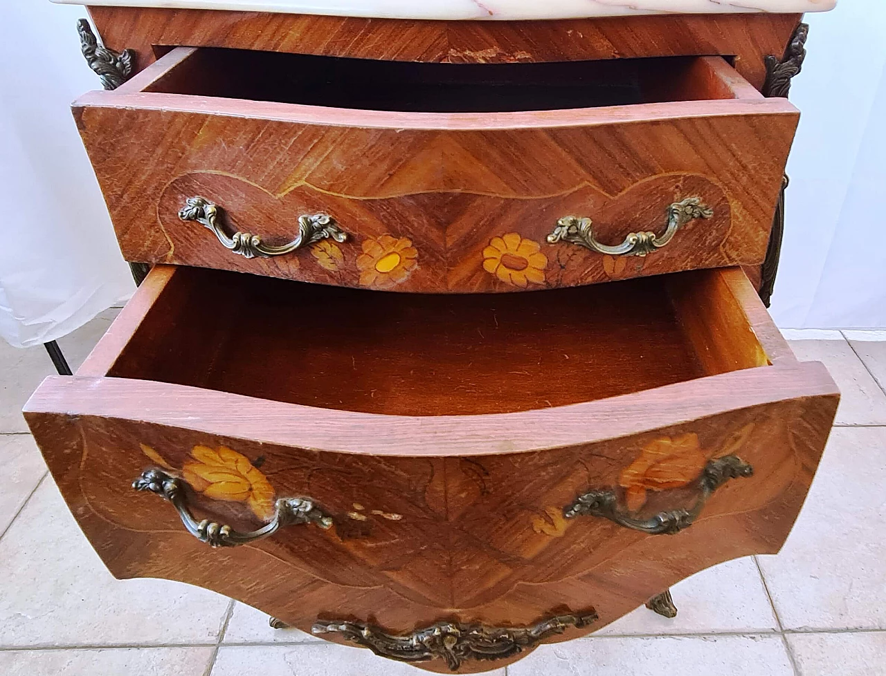 Pair of bedside tables inlaid with marble, 20th century 1204505
