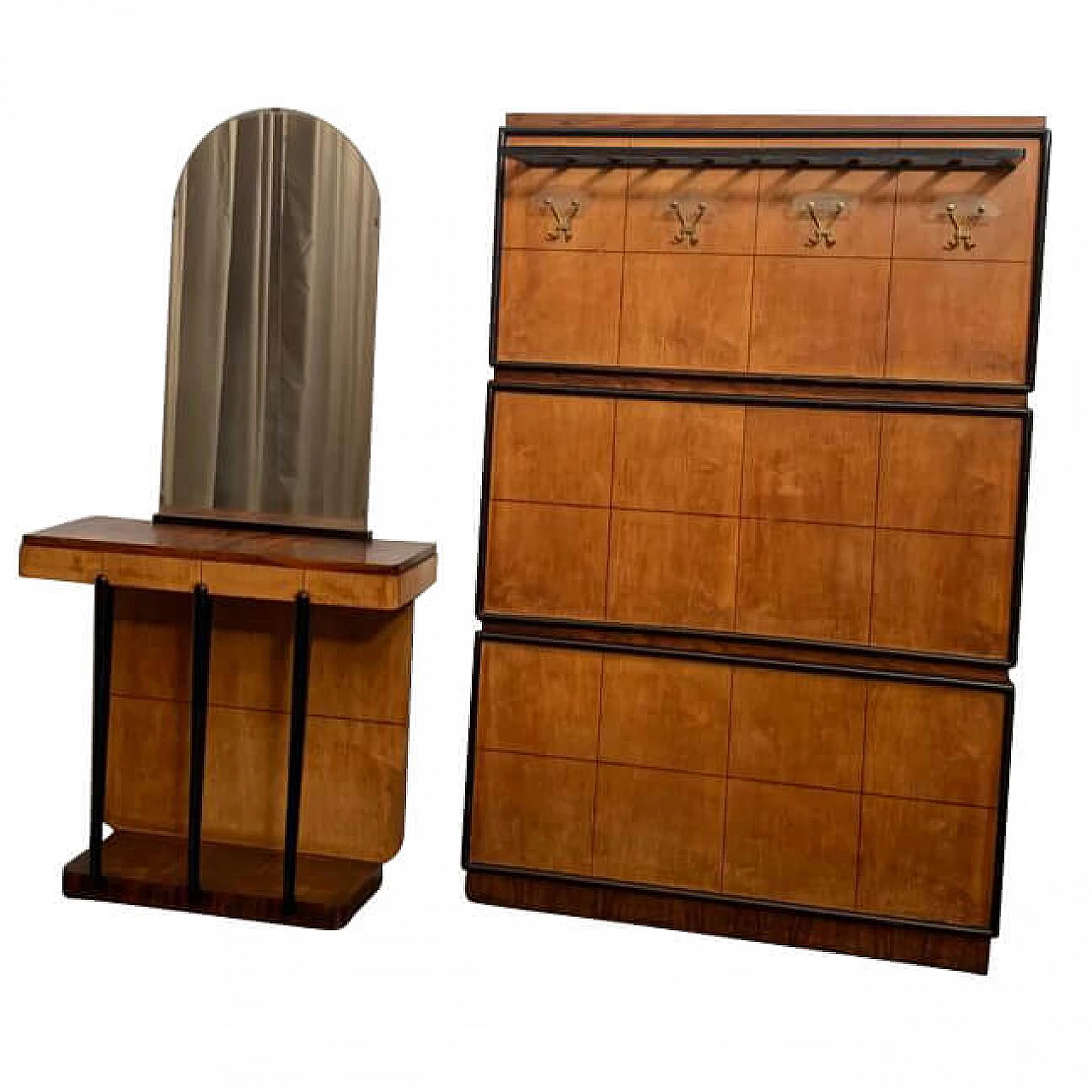Art Deco set with 1 rosewood and maple coat rack, 1 console table with ebonized Parts and 1 mirror, 3 30s 1204736