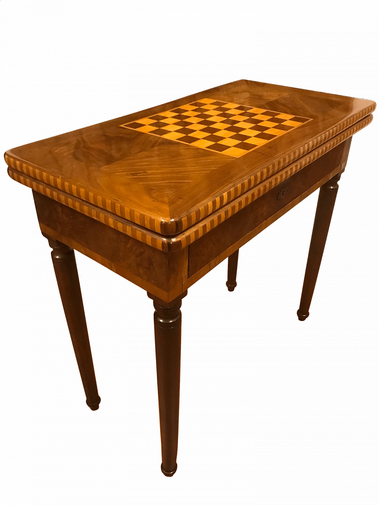 Tavolo da gioco Luigi XVI con cassetto, lastronato ed intarsiato con scacchiera, Torino, originale '700 1204783