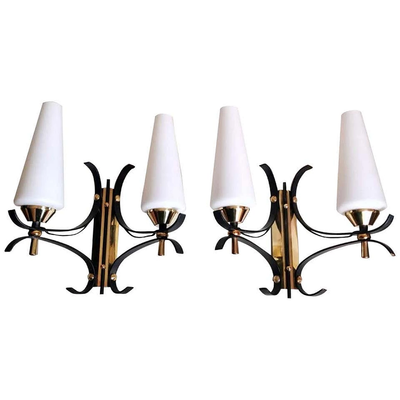 Pair of Arlus Maison style wall sconces in brass and opaline glass, 50s 1205312