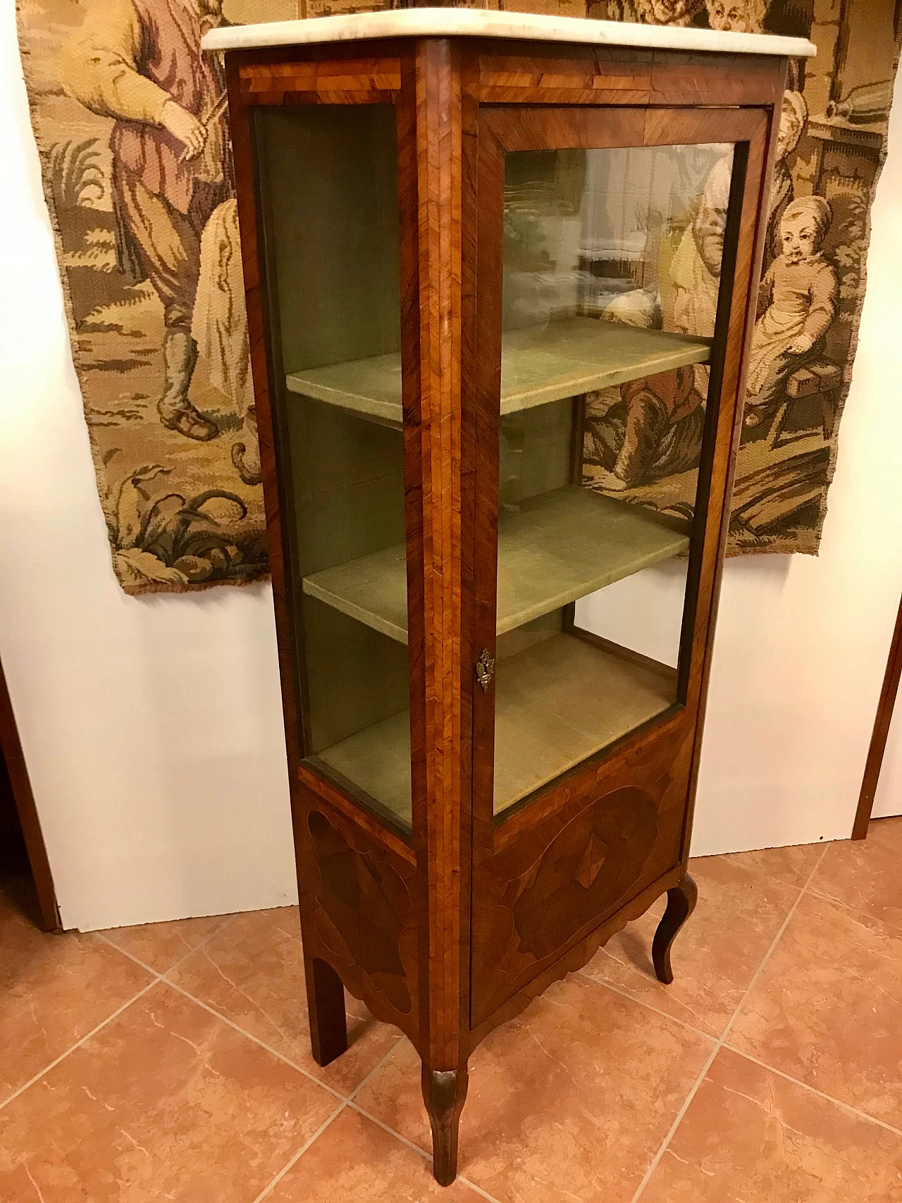 Louis XVI showcase veneered in walnut and bois de rose, threaded, white marble top, original 18th century 1206032