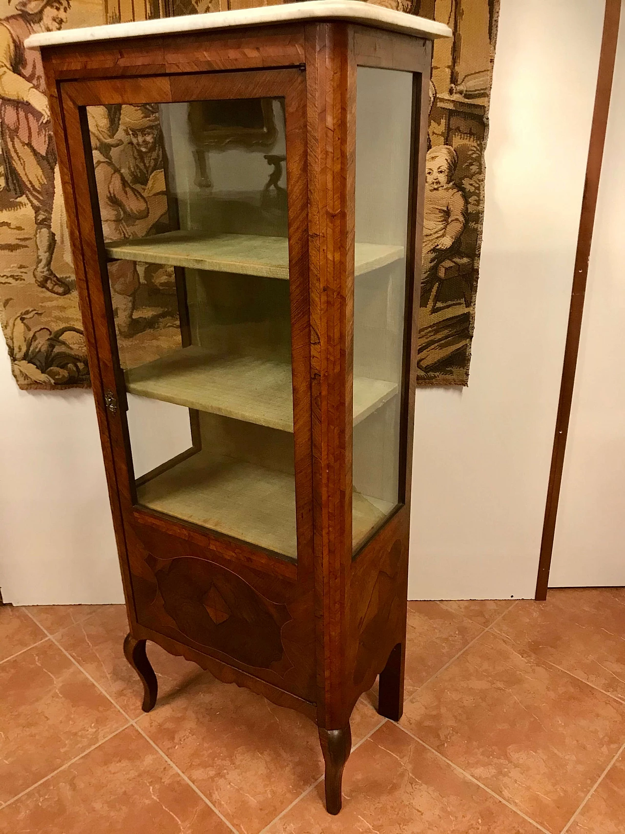 Louis XVI showcase veneered in walnut and bois de rose, threaded, white marble top, original 18th century 1206033