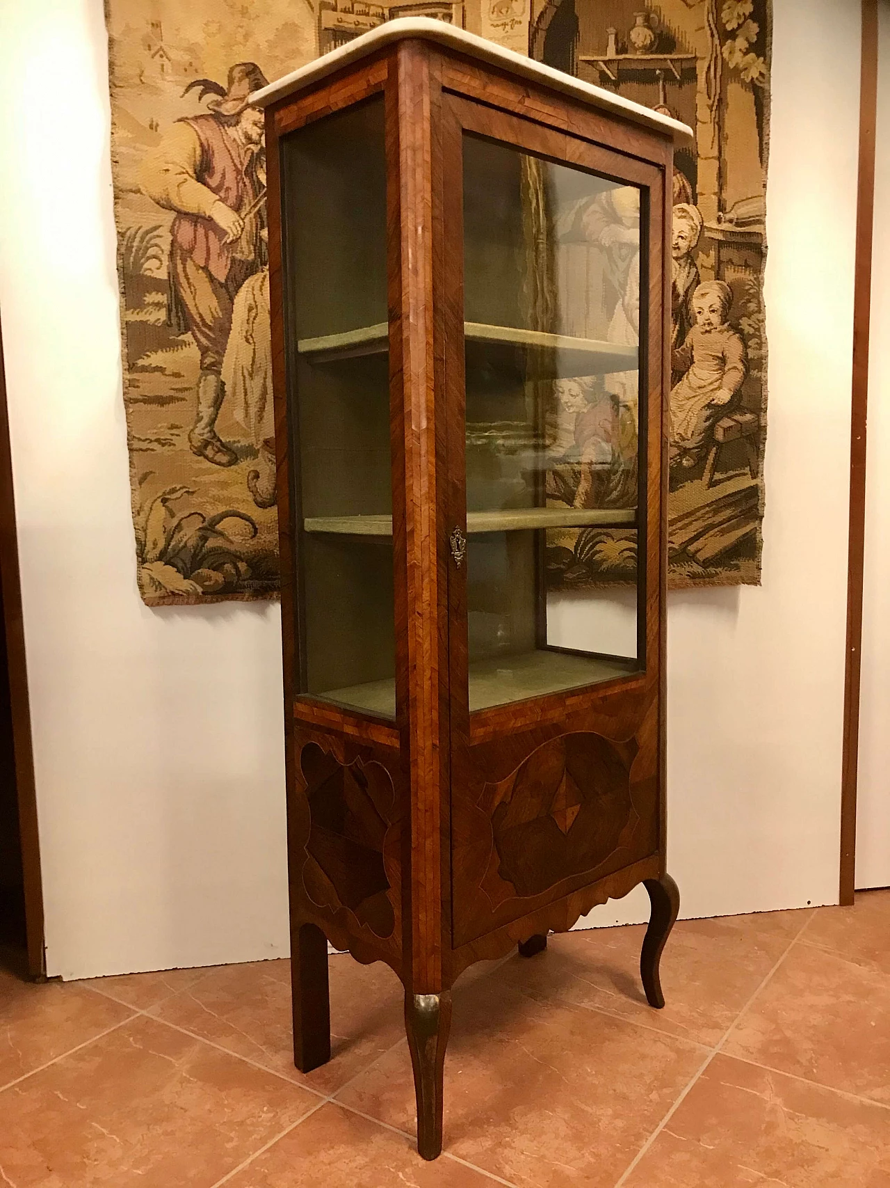 Louis XVI showcase veneered in walnut and bois de rose, threaded, white marble top, original 18th century 1206034