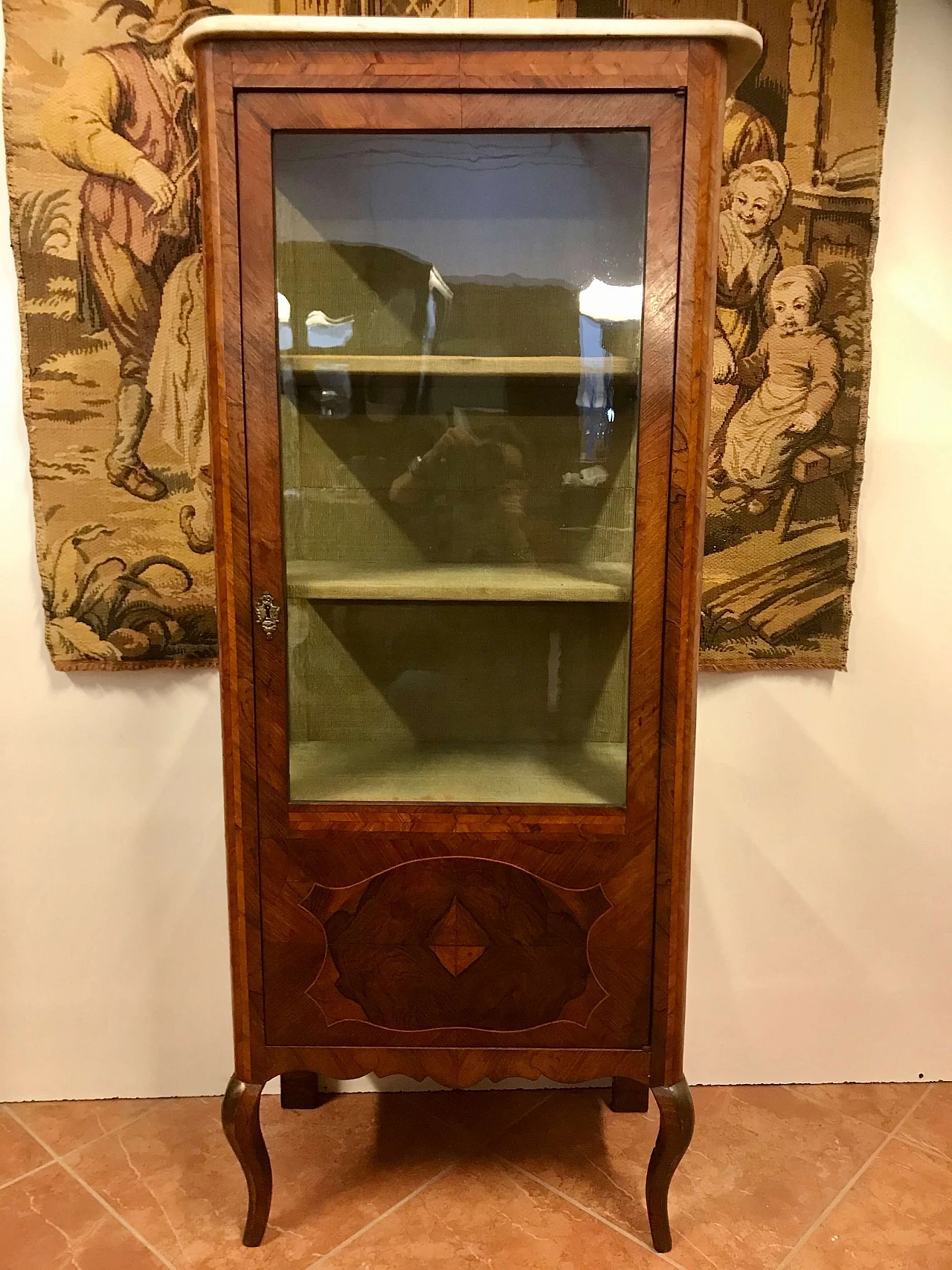 Louis XVI showcase veneered in walnut and bois de rose, threaded, white marble top, original 18th century 1206035