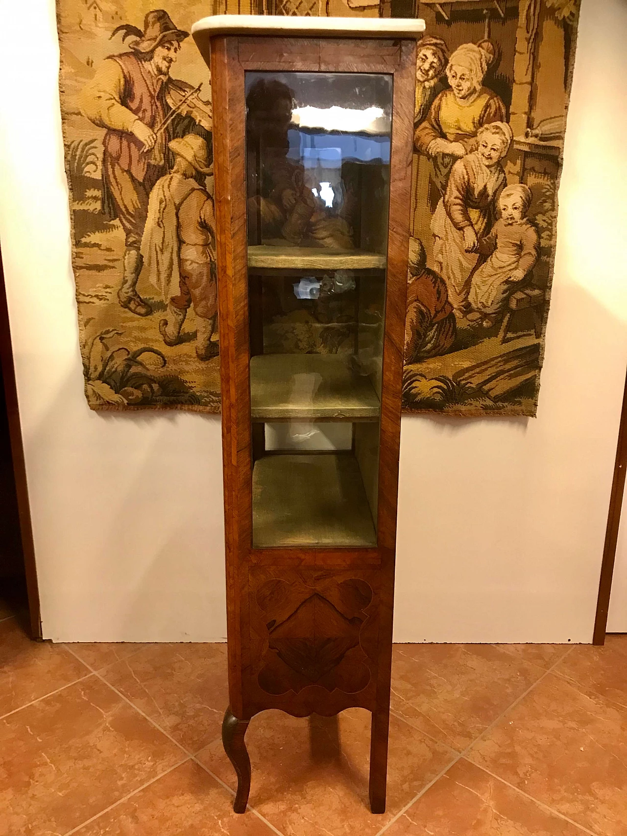 Louis XVI showcase veneered in walnut and bois de rose, threaded, white marble top, original 18th century 1206036