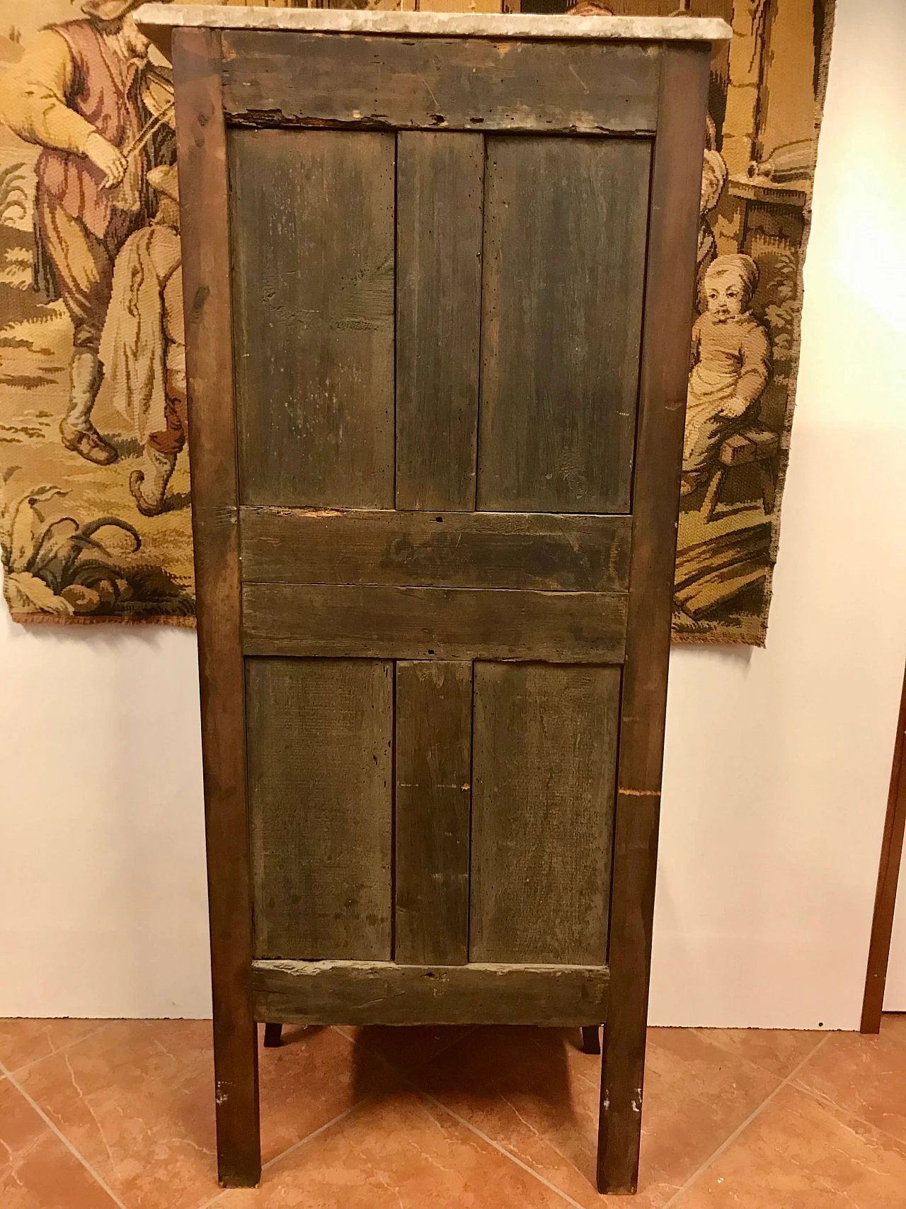 Louis XVI showcase veneered in walnut and bois de rose, threaded, white marble top, original 18th century 1206037