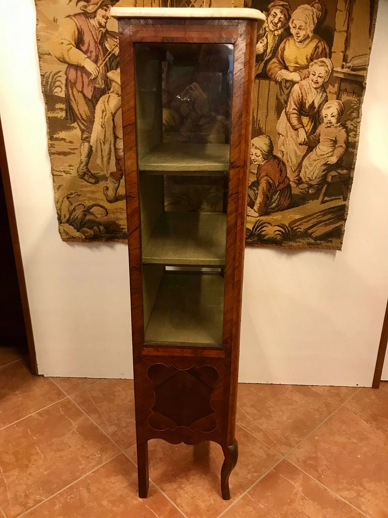 Louis XVI showcase veneered in walnut and bois de rose, threaded, white marble top, original 18th century 1206038