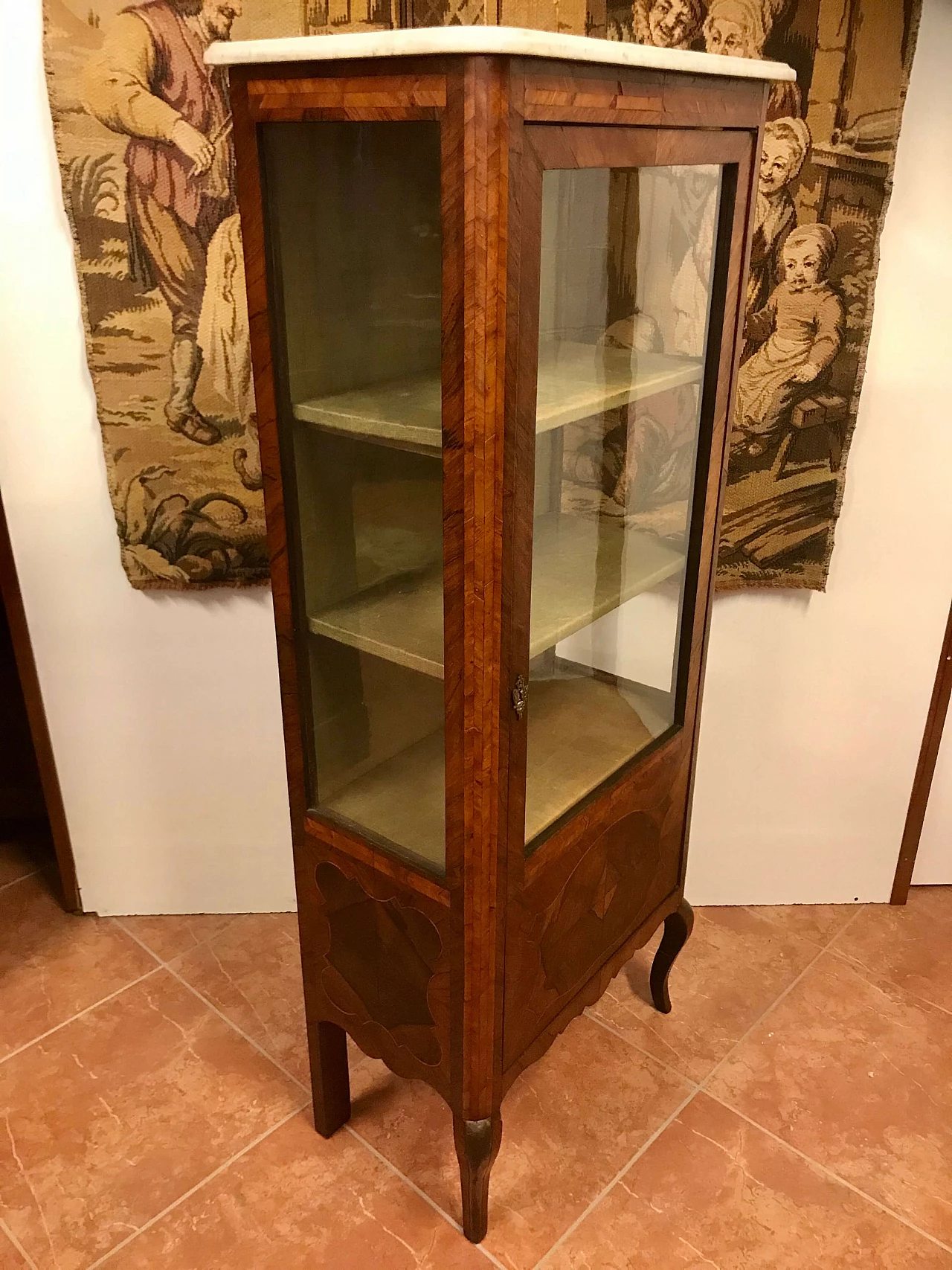 Louis XVI showcase veneered in walnut and bois de rose, threaded, white marble top, original 18th century 1206039