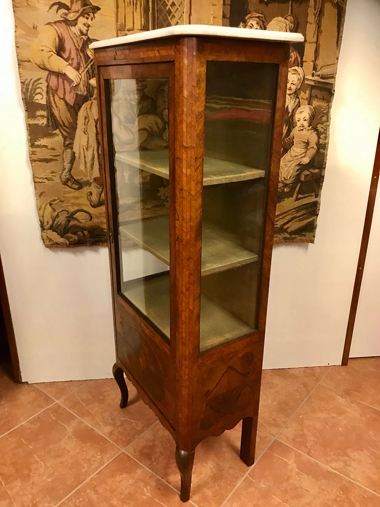 Louis XVI showcase veneered in walnut and bois de rose, threaded, white marble top, original 18th century 1206040