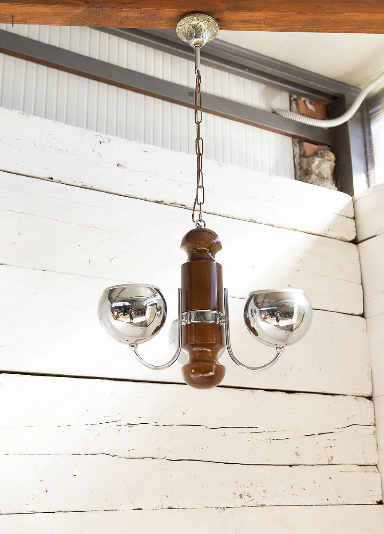 Chandelier in wood and steel, 70s 1206274