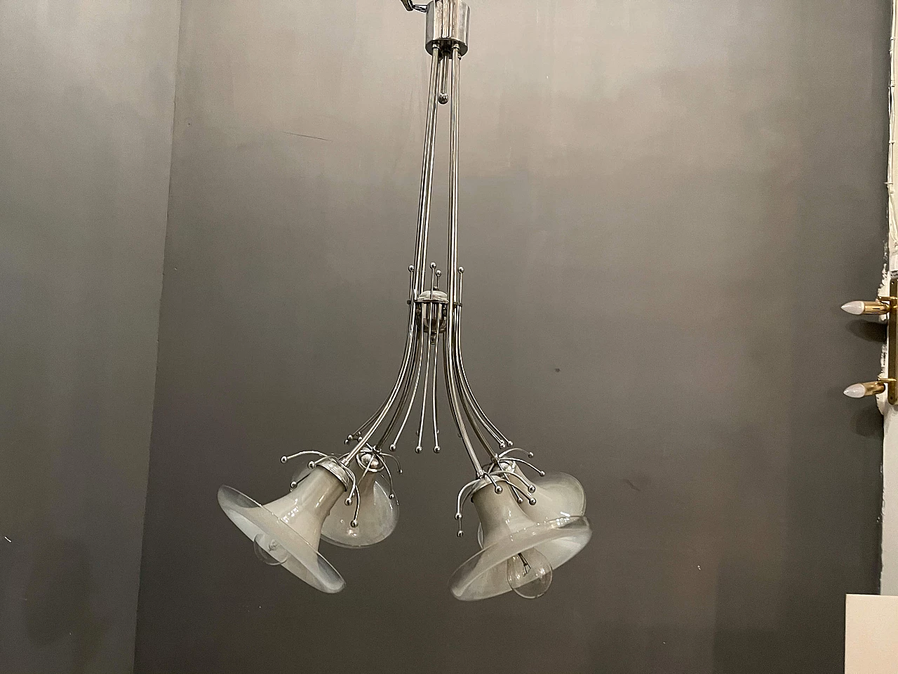 Midcentury  Gaetano Sciolari chandelier in Murano glass and chromed metal, 60s 1206345