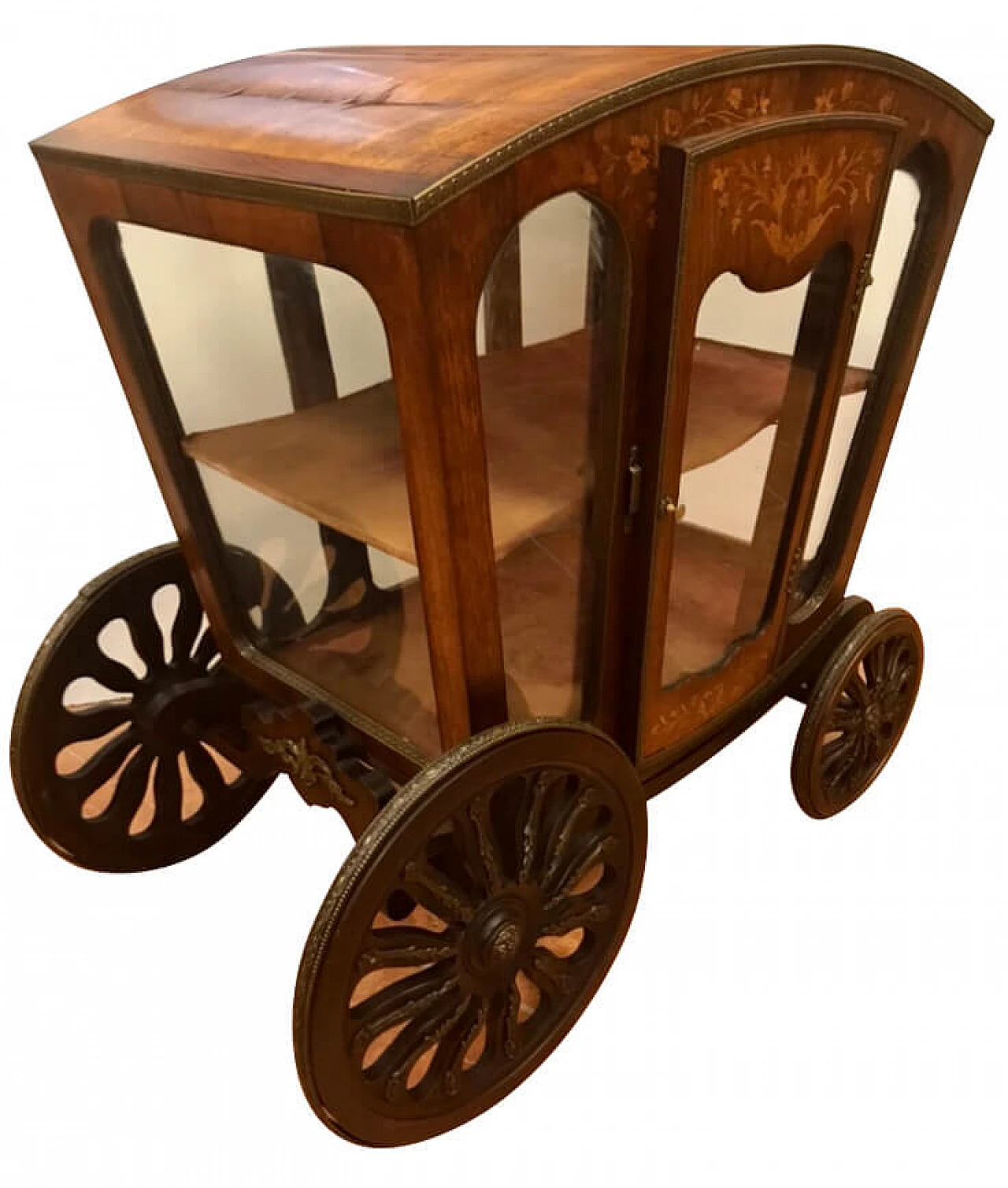 Coach like display case inlaid maple on rosewood with noble coat of arms, rich bronze, original 19th century 1206636