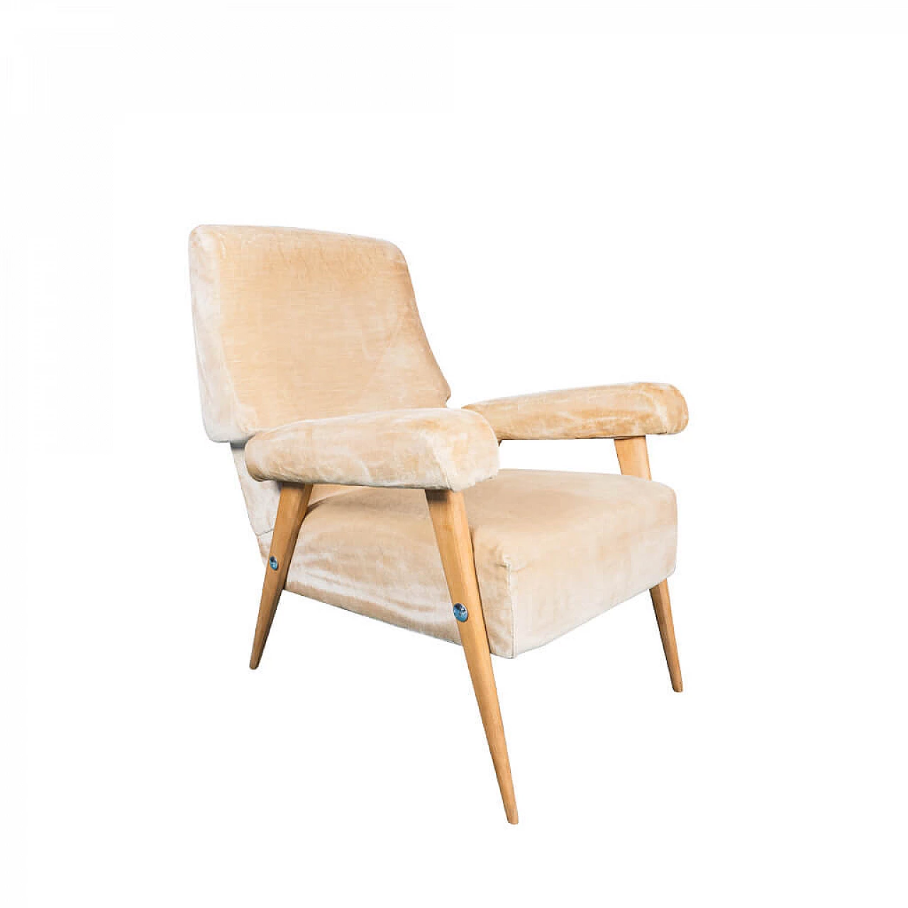 Italian armchair in beech and beige velvet, 50s 1207132