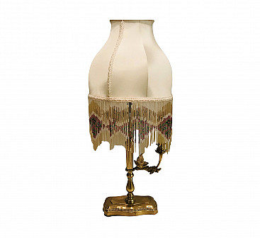 Brass table lamp with silk beaded fringe shade, 60s