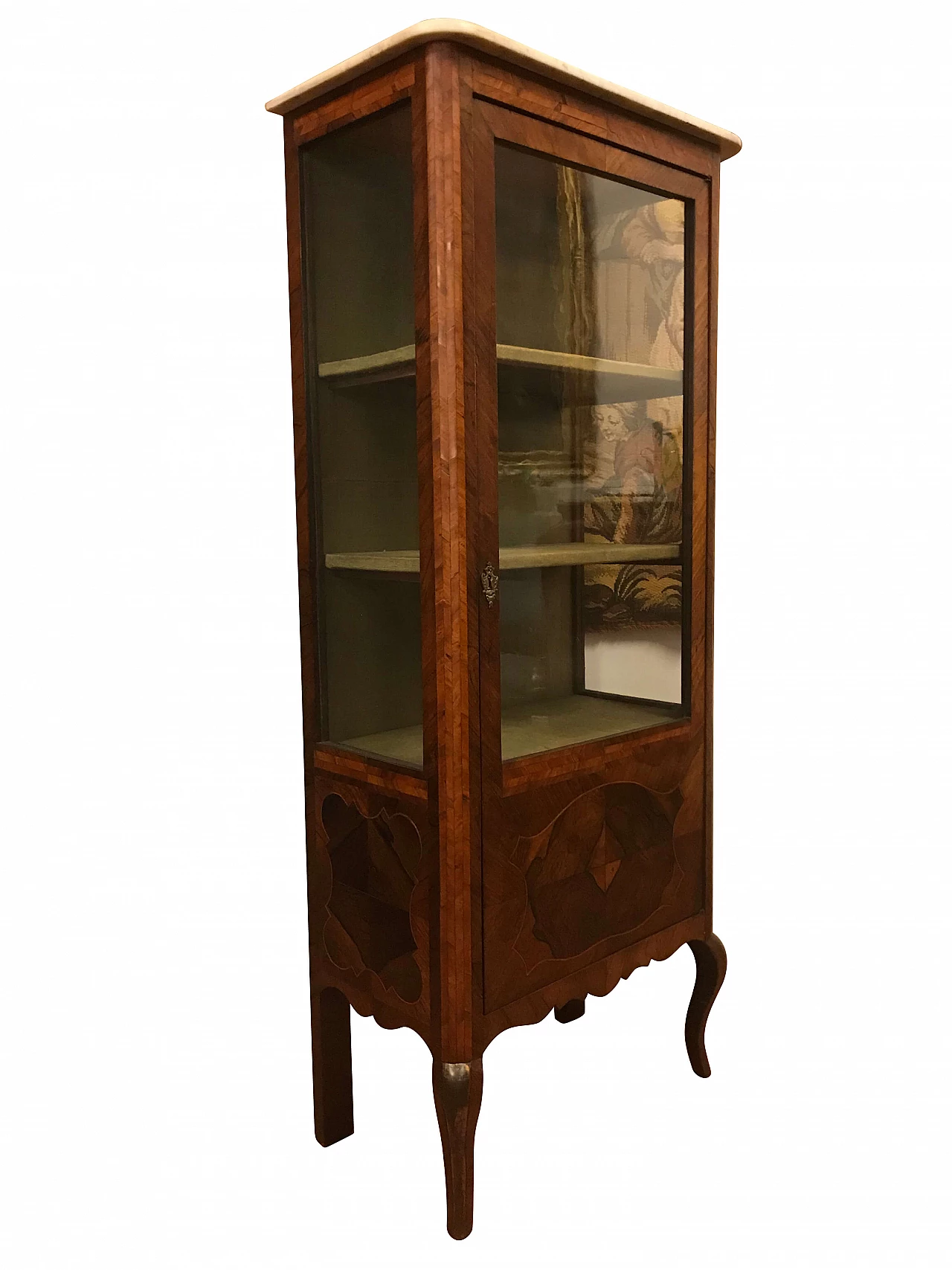 Louis XVI showcase veneered in walnut and bois de rose, threaded, white marble top, original 18th century 1207243