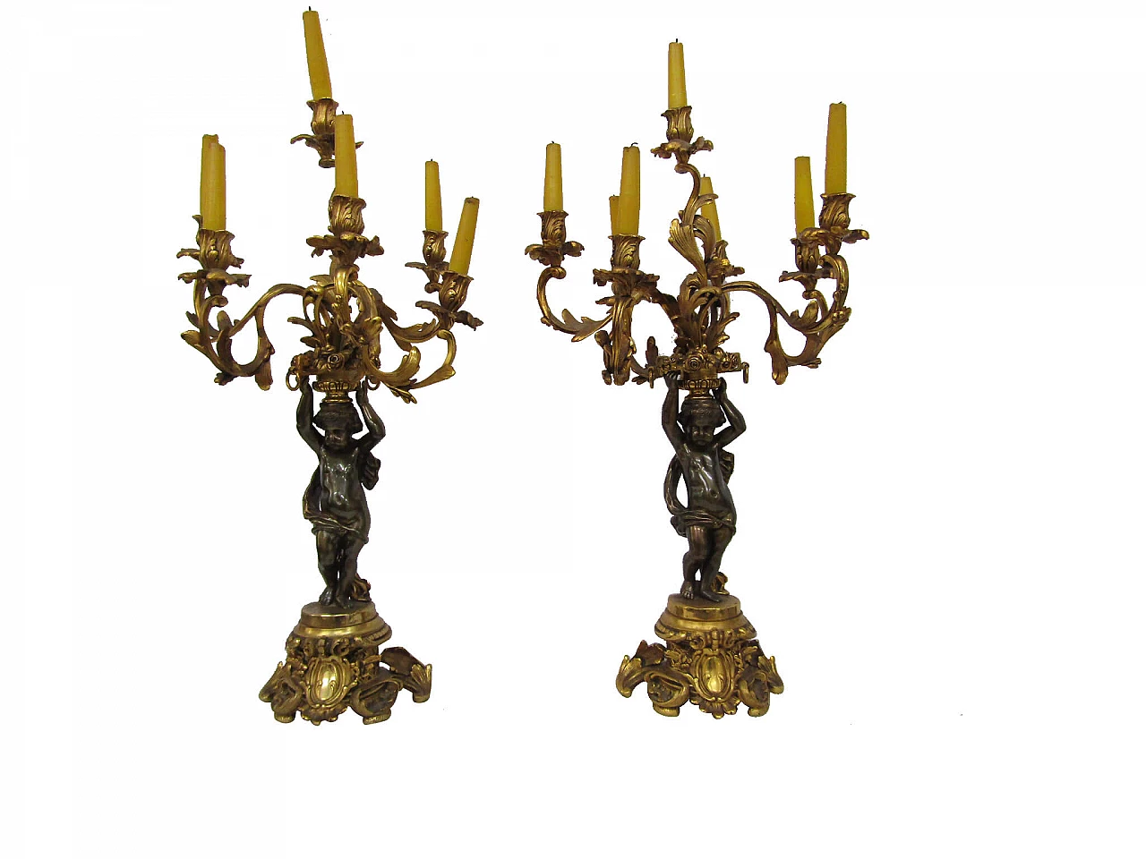 Pair of candelabra in gilded and burnished bronze, 19th century 1207255