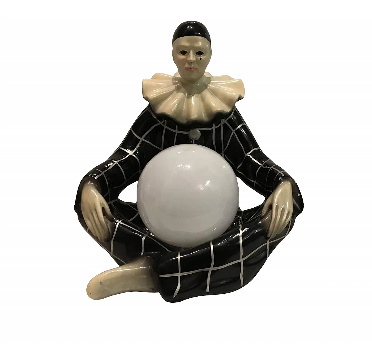 Lampada da tavolo Pierrot con paralume in vetro opalino bianco, anni '40 1207398