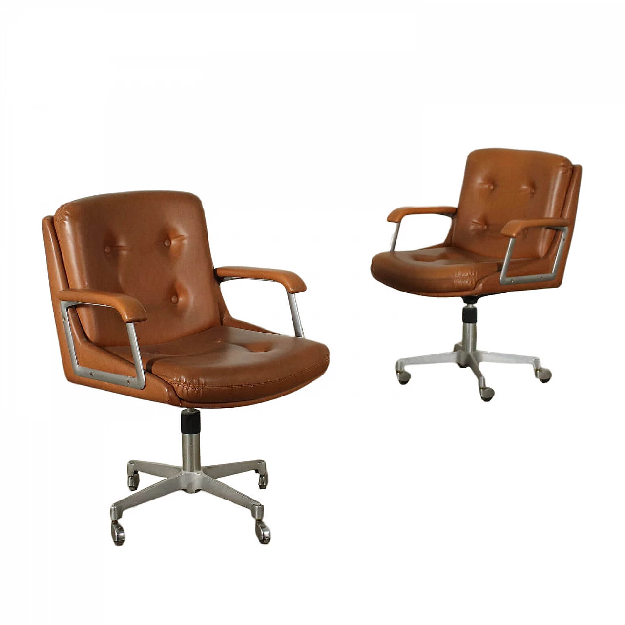 Pair of swivel office chairs in aluminum and skai, 60s 1207514