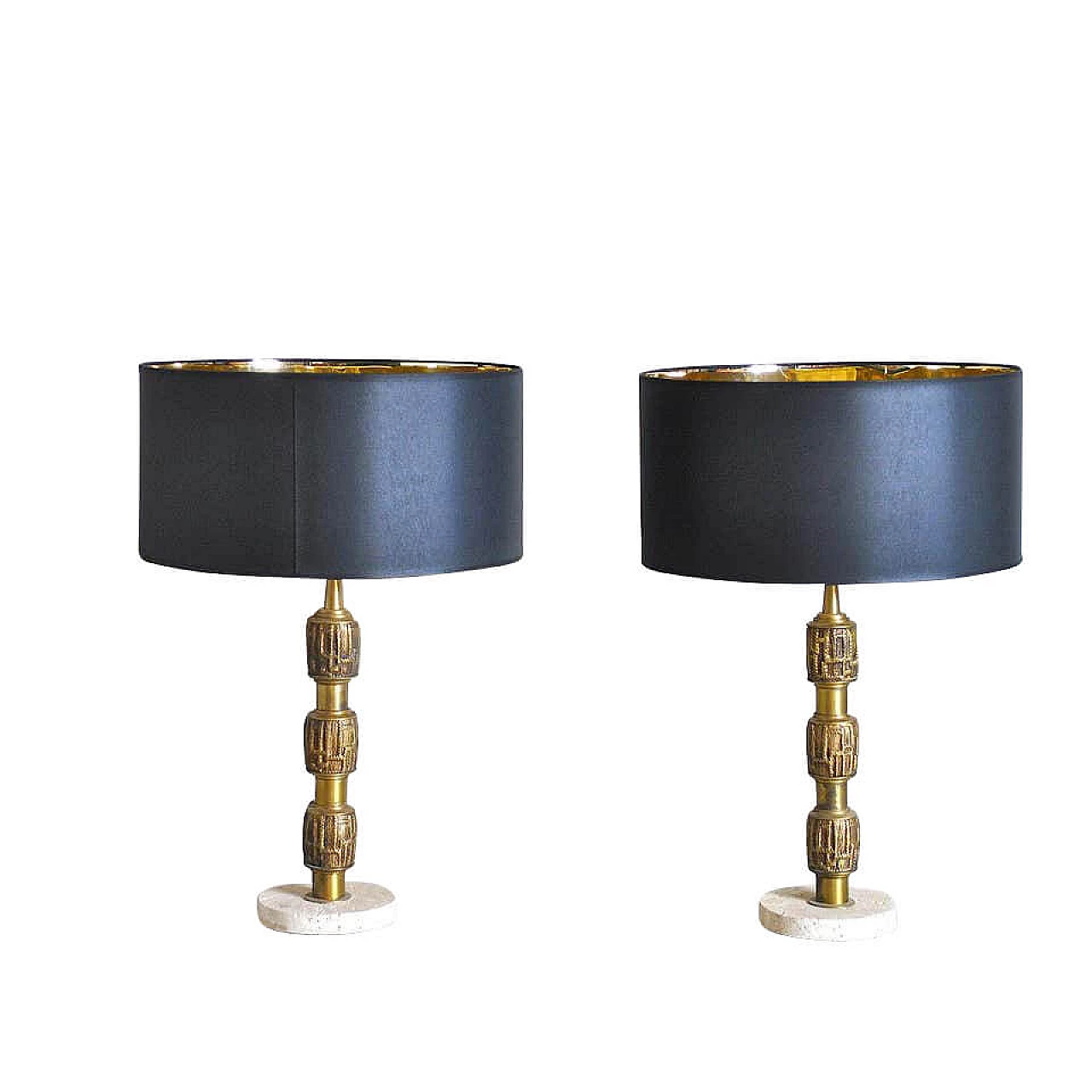 Coppia di lampade da tavolo in ottone e travertino di Luciano Frigerio, anni '70 1207609