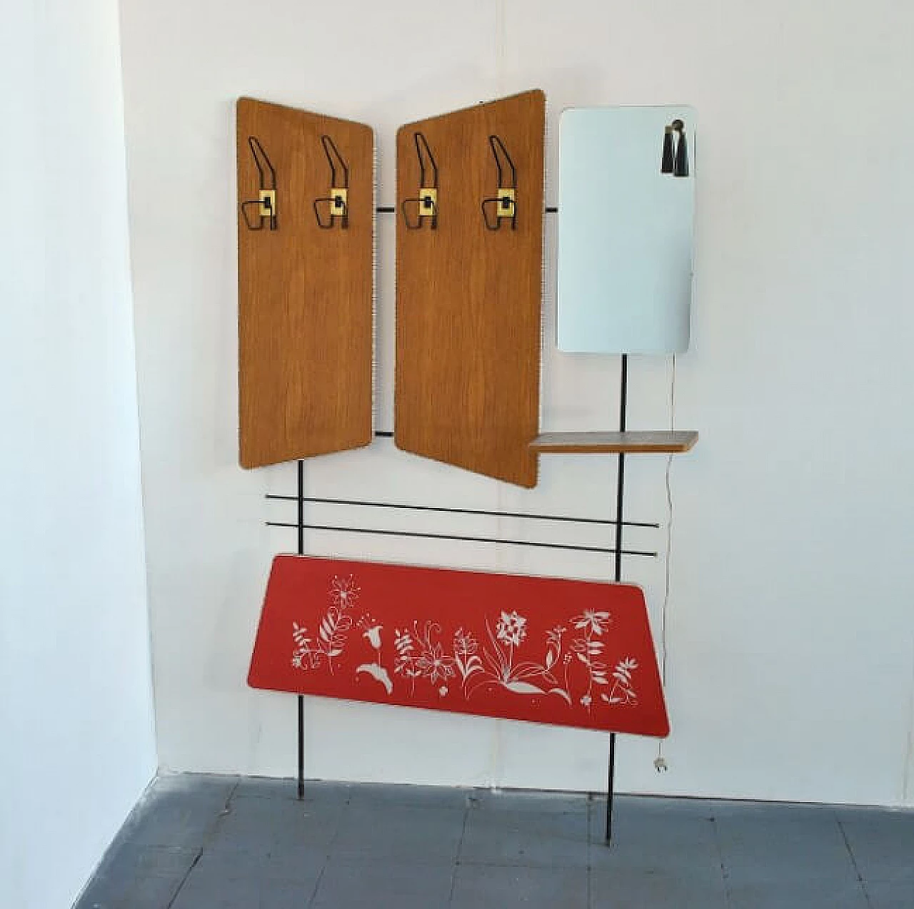Coat stand with four hooks, courtesy light and mirror, 60s 1207843