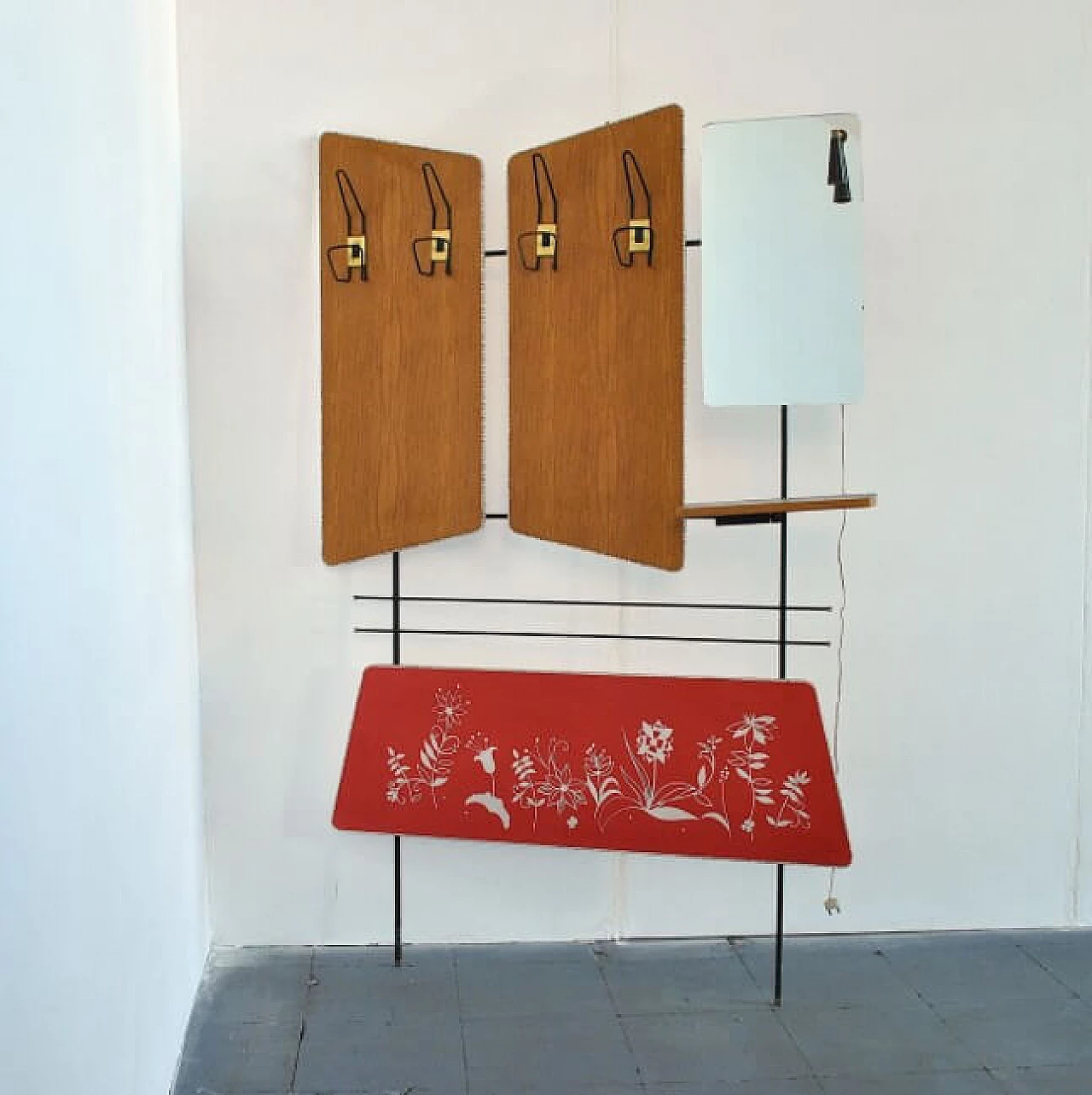 Coat stand with four hooks, courtesy light and mirror, 60s 1207844