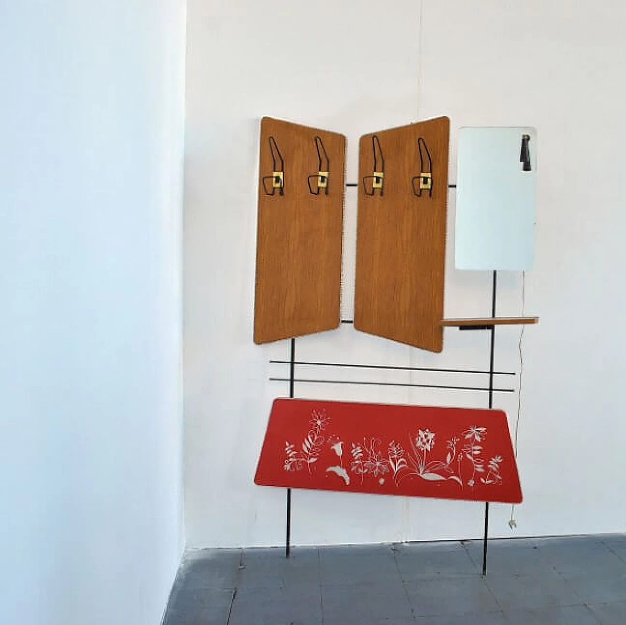 Coat stand with four hooks, courtesy light and mirror, 60s 1207846