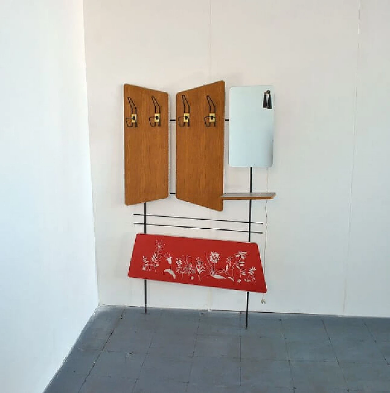 Coat stand with four hooks, courtesy light and mirror, 60s 1207847