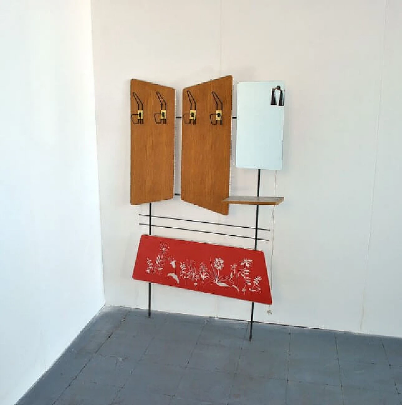 Coat stand with four hooks, courtesy light and mirror, 60s 1207848