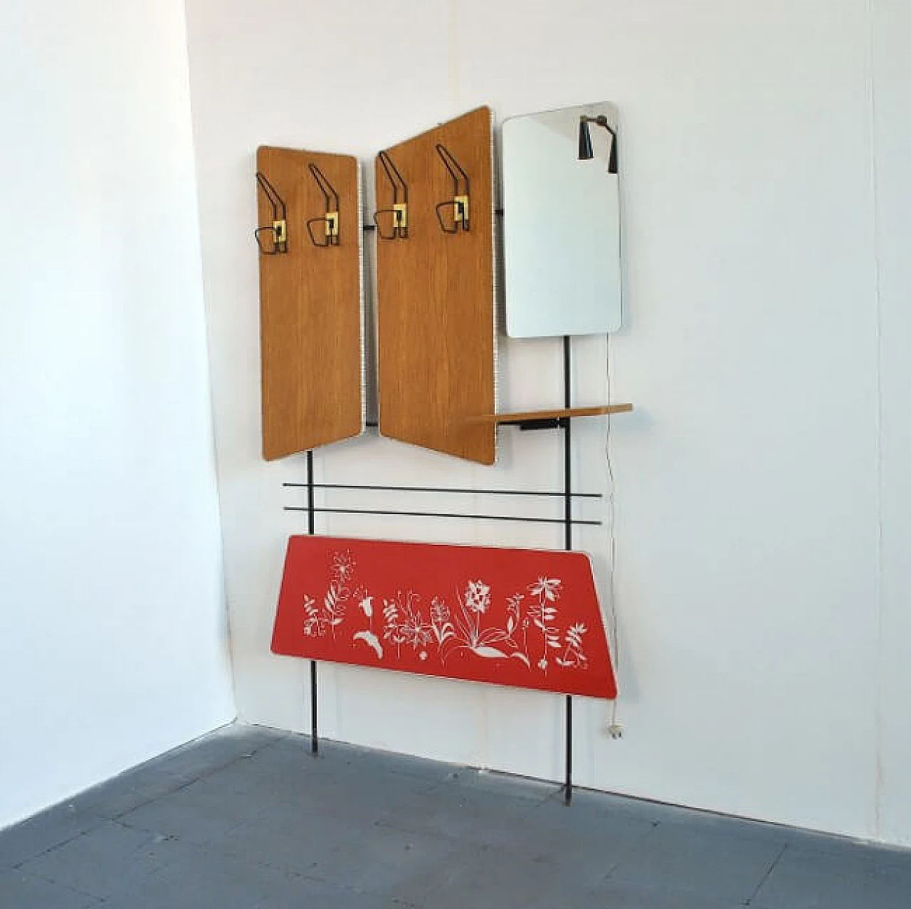 Coat stand with four hooks, courtesy light and mirror, 60s 1207849