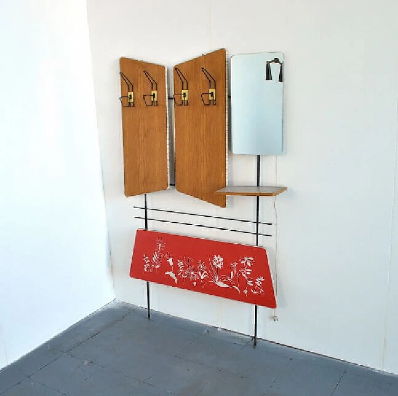 Coat stand with four hooks, courtesy light and mirror, 60s 1207850