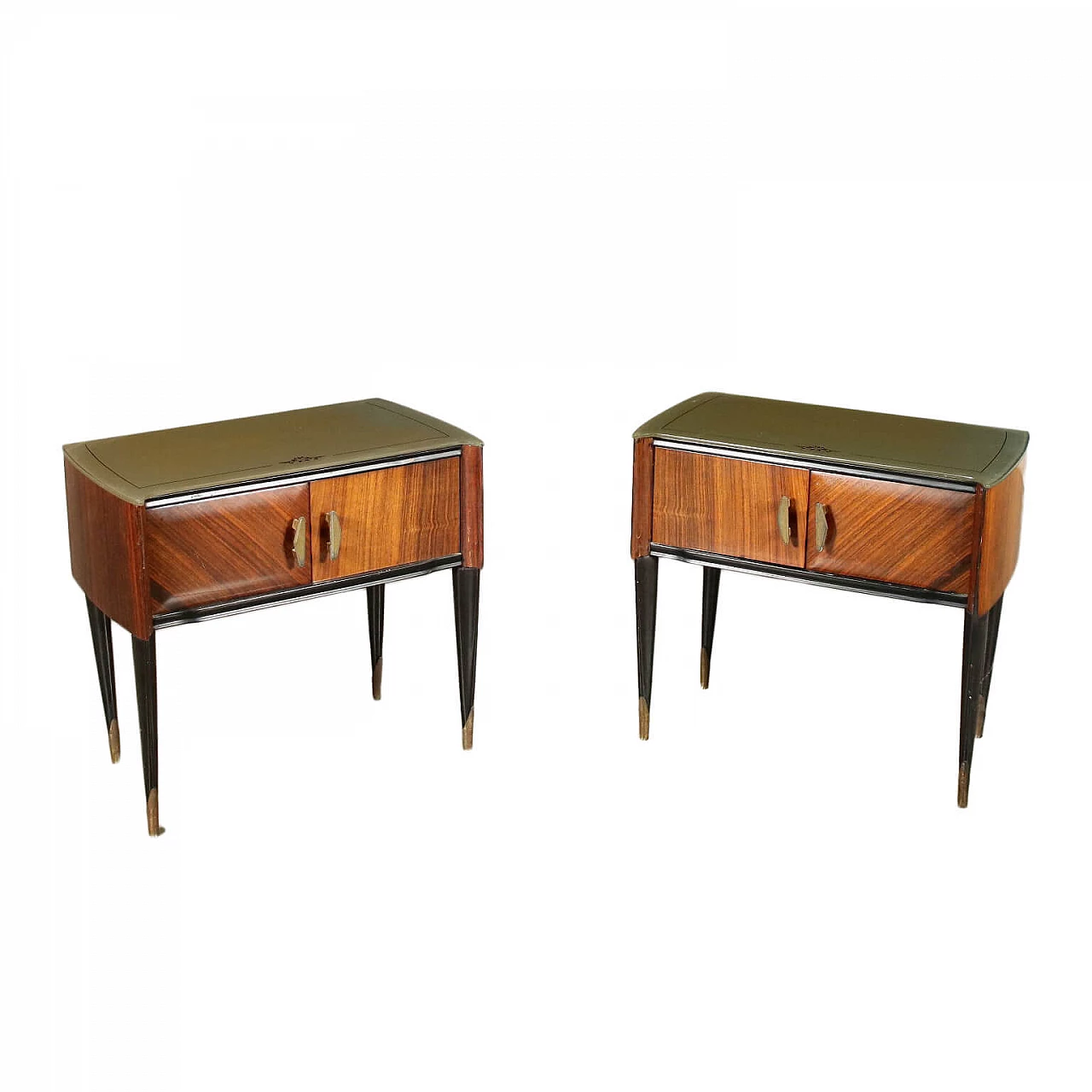 Pair of bedside tables in wood, brass and glass, 60s 1207953