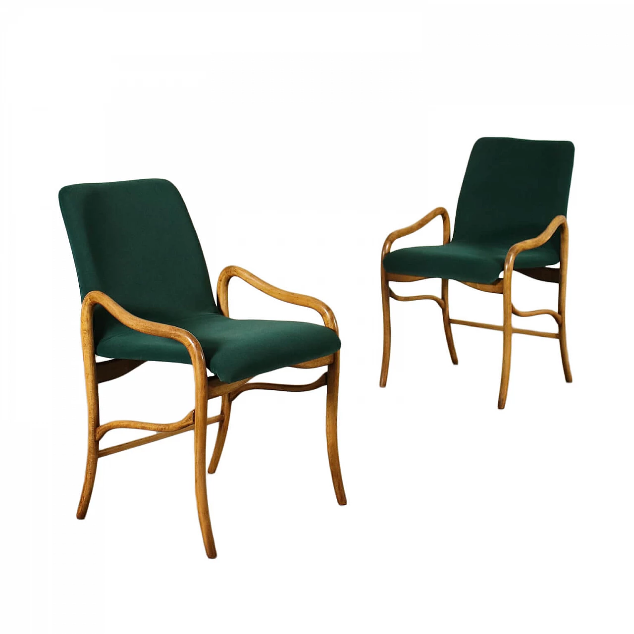 Pair of armchairs in beechwood and velvet, 50s 1208014