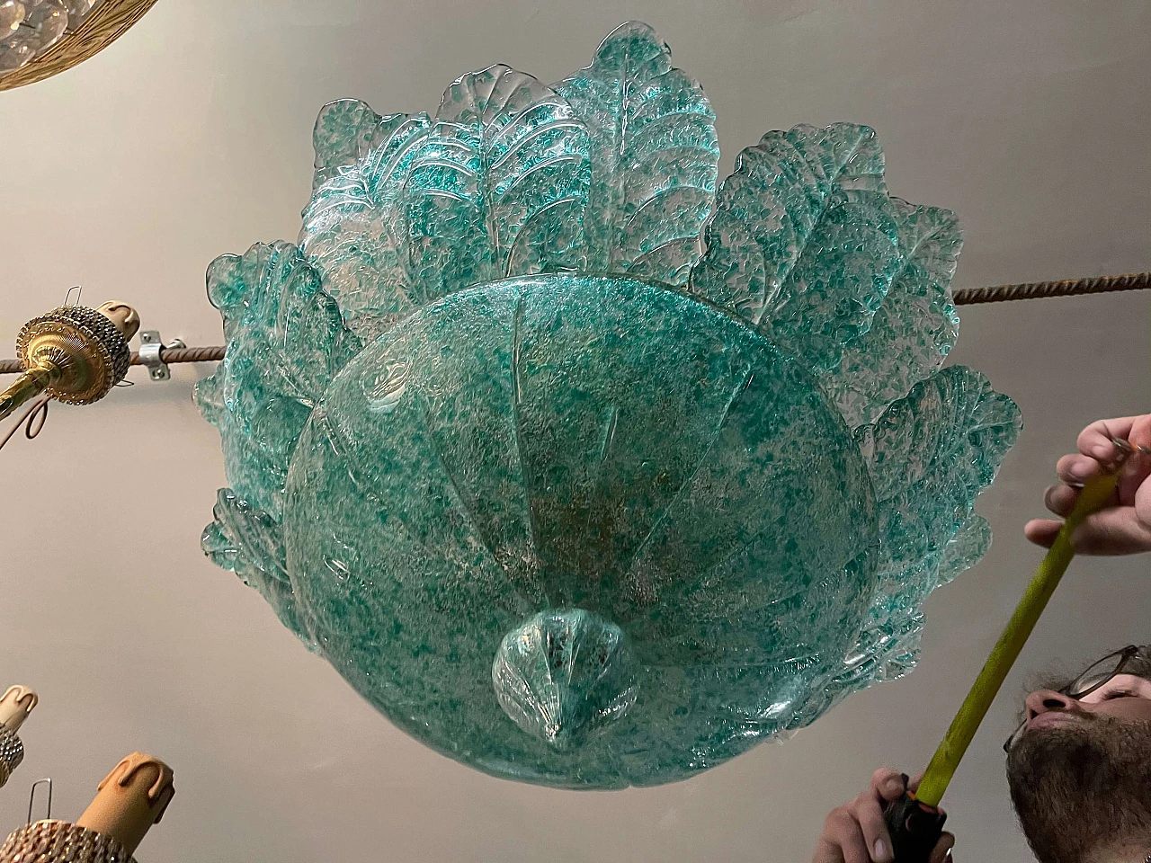 Grande lampadario in vetro di Murano verde menta, anni '60 1208171