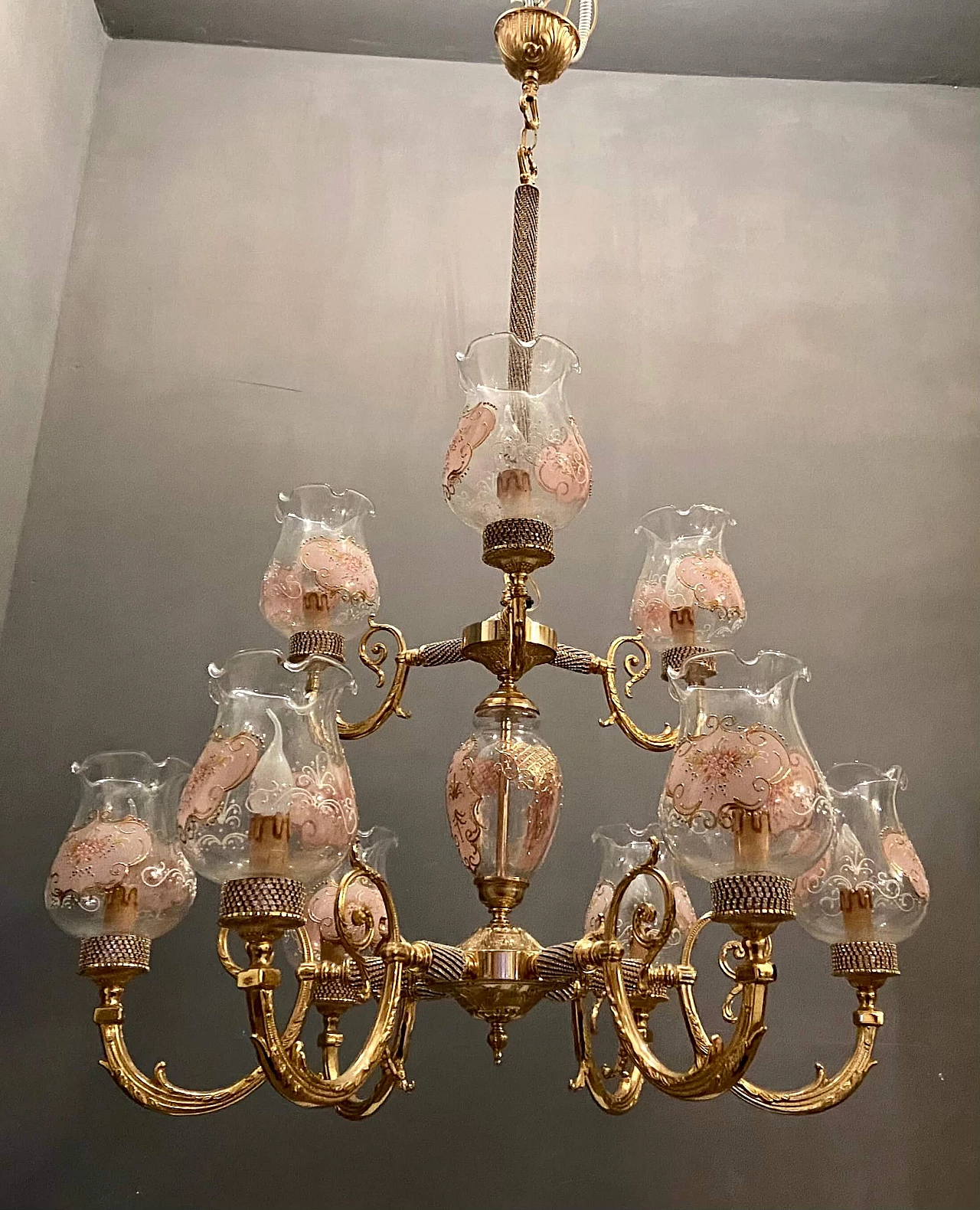 Lampadario in stile Barocco in vetro di Murano e ottone di Rosa Perla, anni '60 1208172