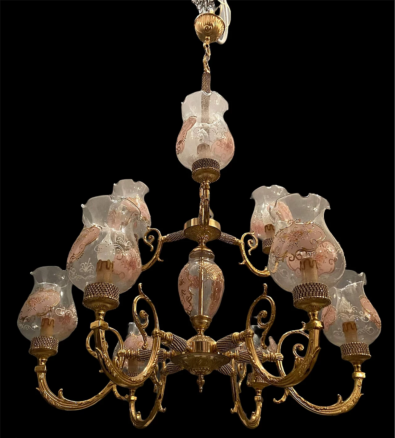 Lampadario in stile Barocco in vetro di Murano e ottone di Rosa Perla, anni '60 1208173