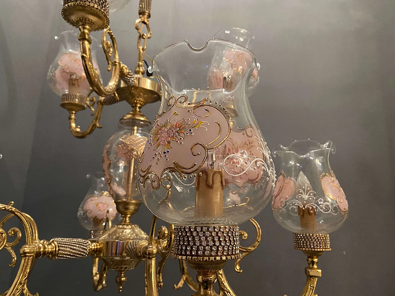 Lampadario in stile Barocco in vetro di Murano e ottone di Rosa Perla, anni '60 1208174