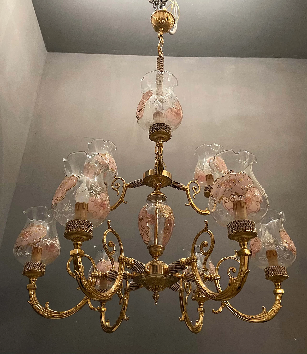 Lampadario in stile Barocco in vetro di Murano e ottone di Rosa Perla, anni '60 1208175