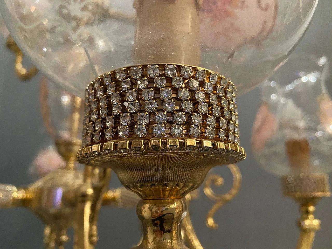 Lampadario in stile Barocco in vetro di Murano e ottone di Rosa Perla, anni '60 1208176