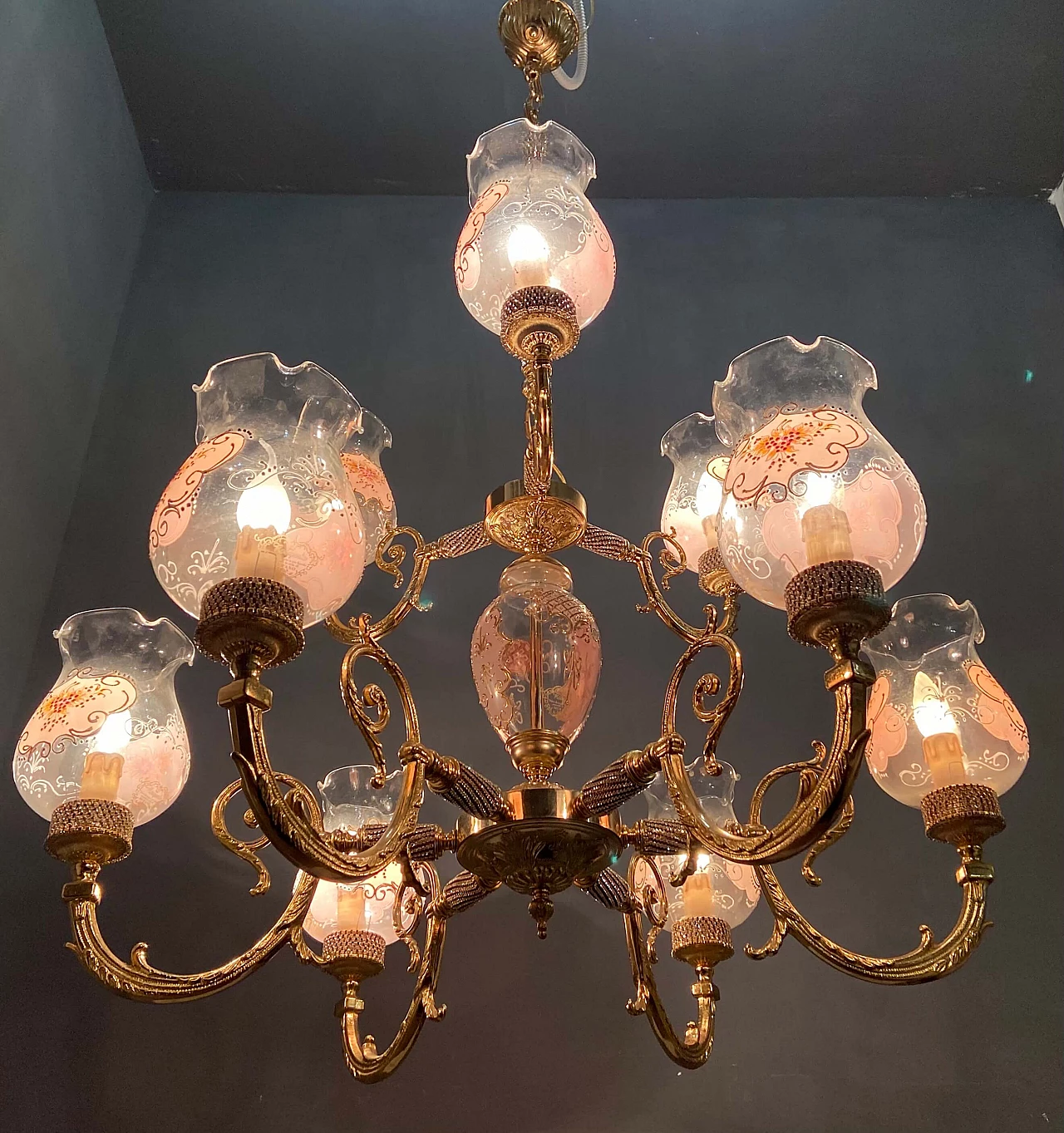 Lampadario in stile Barocco in vetro di Murano e ottone di Rosa Perla, anni '60 1208178